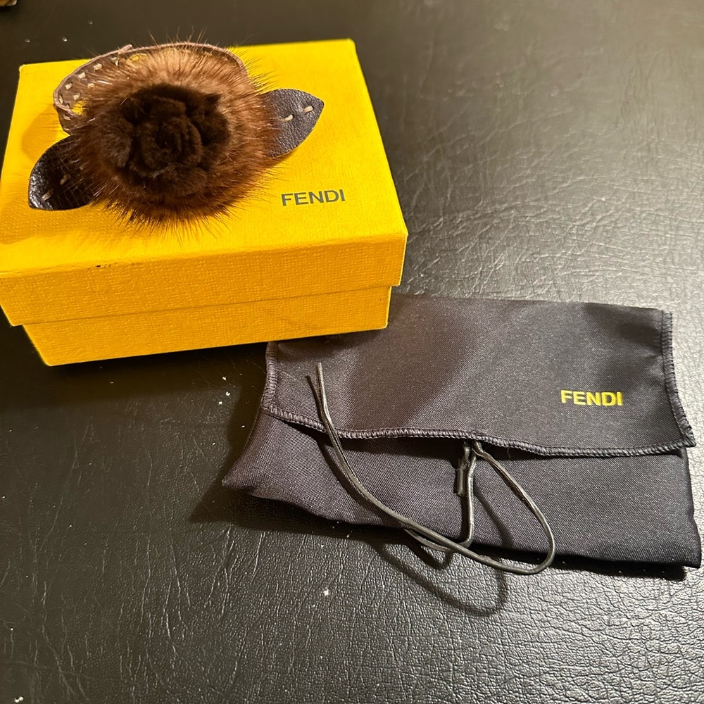 Fendi Selleria Mink Flower Leather Brown Adjustable Snap Bracelet